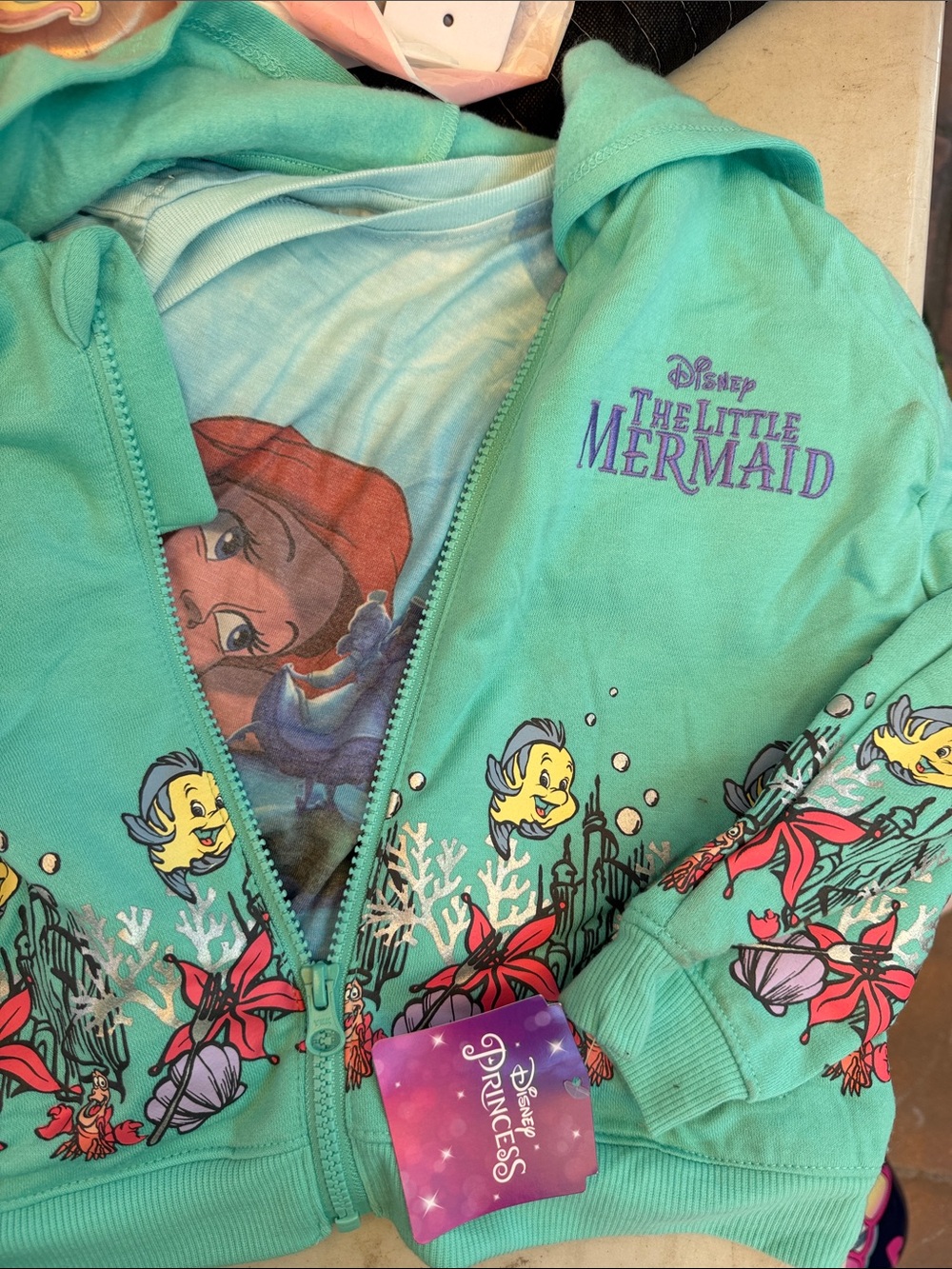 Disney The Little Mermaid Girls' Mint Green Zip Hoodie with Ariel & Flounder